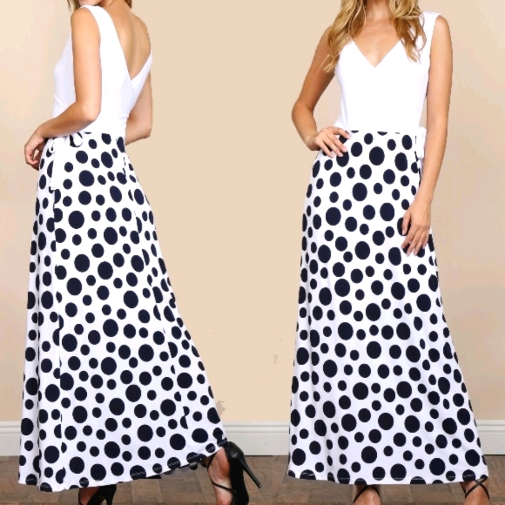 New Surplice Mix Dot Belted Maxi Print Dress Navy